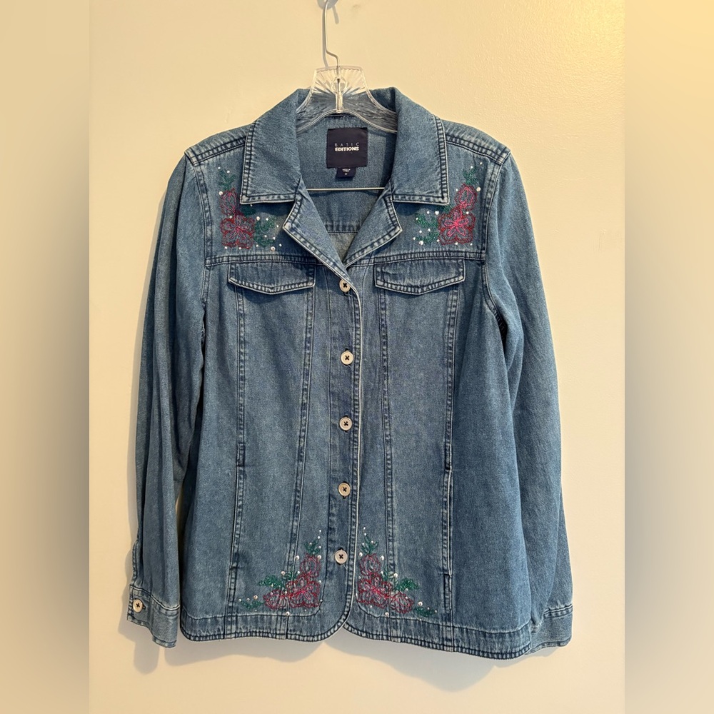 Basic Editions Denim Jacket Embroidered Beaded Fl… - image 3